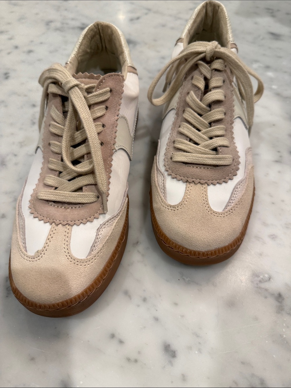 Dolce Vita Beige and White Suede Lace-Up Sneakers